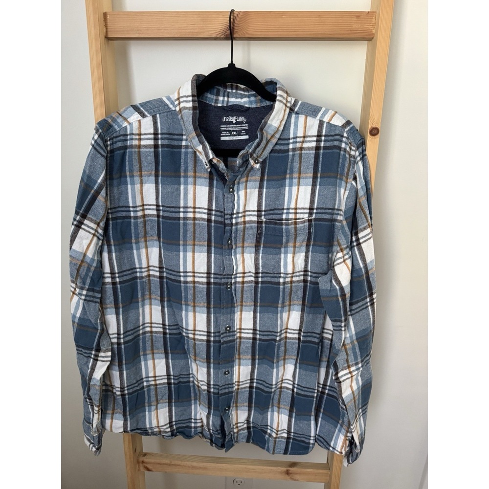 One Day Away Men's‎ Plaid Flannel Cotton Button-Up Long Sleeve Shirt Blue XXL